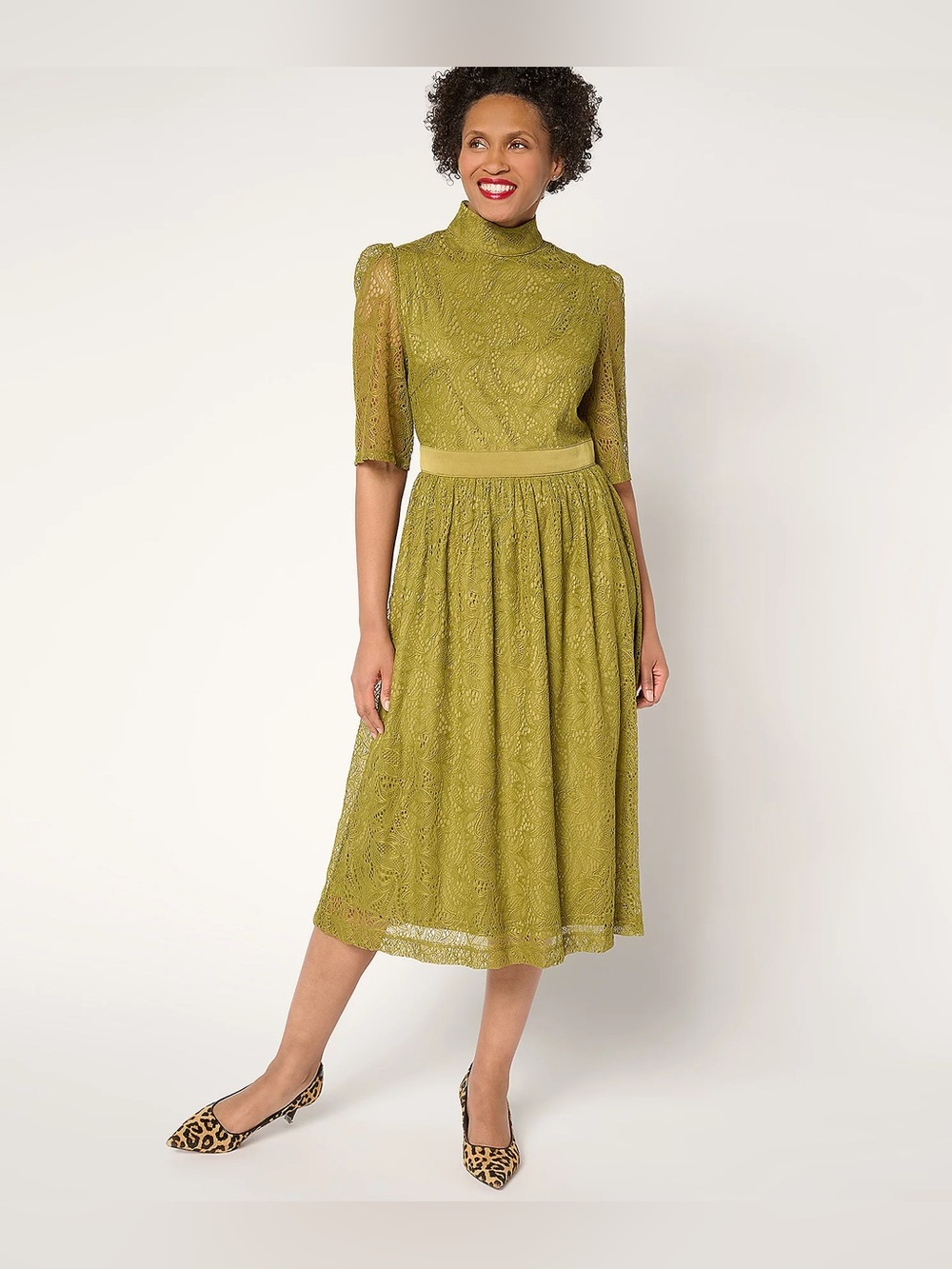 by Stacy London Regular Elbow Sleeve Stretch Lace Midi Dress - Moss